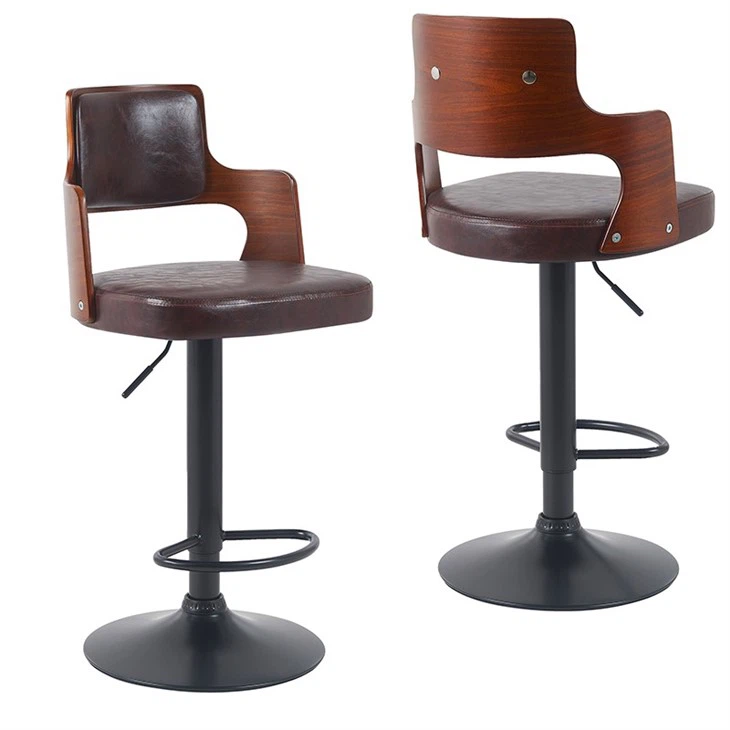 Brown Bar Stool Seat Wood Back Bar Chair PU Ergonomic Upholstered Chairs GY633